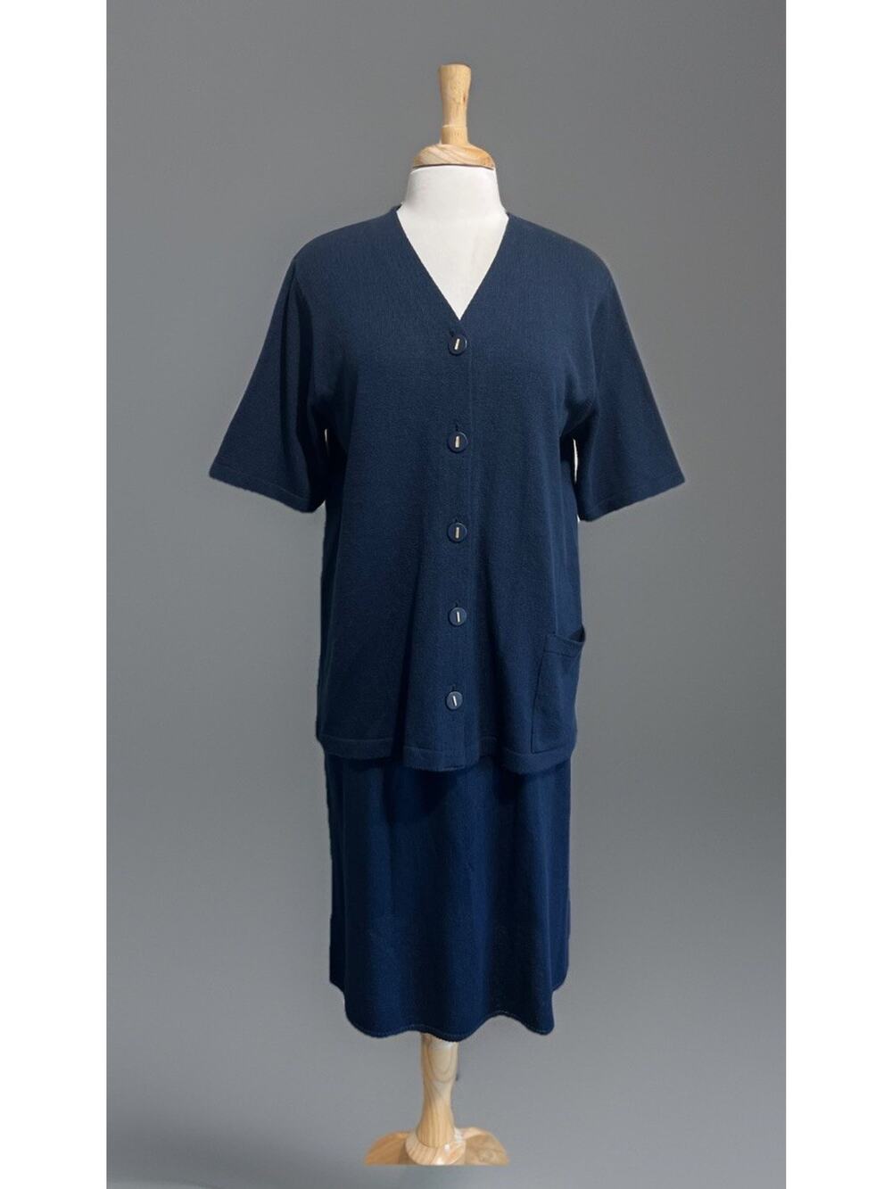 Ami Knits Vintage Womens Sweater Top Skirt Set Size 16 Navy Blue Button Front